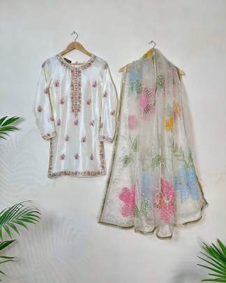 Chinon Sequin Embroidery Work Sharara With Printed Organza Dupatta