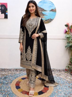 Chinon Silk  Fabric Black Colour Ready Made Suit