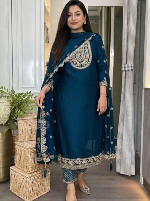 Chinon Silk Fabric Rama Colour Pakistani Suit