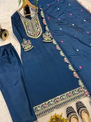 Chinon Silk Fabric Rama Colour Pakistani Suit