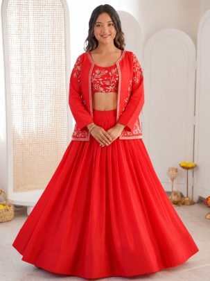 Chinon Silk Fabric Red Colour Lehenga Choli With Jacket