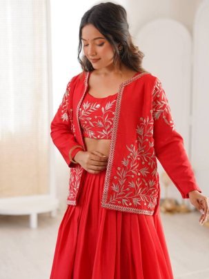 Chinon Silk Fabric Red Colour Lehenga Choli With Jacket