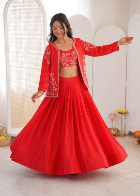 Chinon Silk Fabric Red Colour Lehenga Choli With Jacket