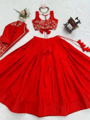 Chinon Silk Fabric Red Colour Lehenga Choli With Jacket