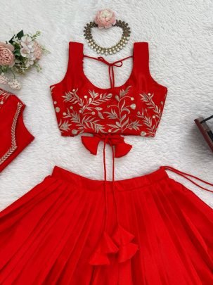 Chinon Silk Fabric Red Colour Lehenga Choli With Jacket
