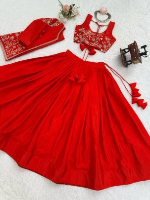 Chinon Silk Fabric Red Colour Lehenga Choli With Jacket
