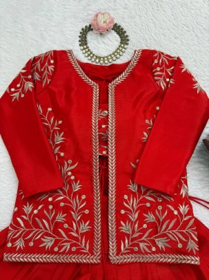 Chinon Silk Fabric Red Colour Lehenga Choli With Jacket