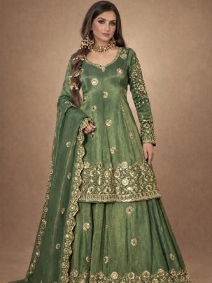 Chinon Silk  Green Colour  Lehenga  With Top