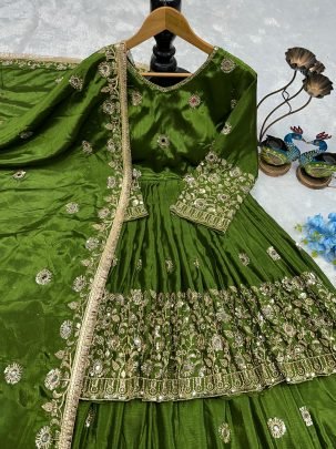 Chinon Silk  Green Colour  Lehenga  With Top