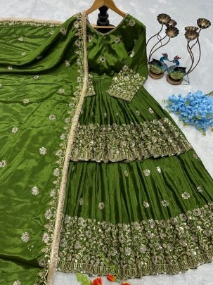 Chinon Silk  Green Colour  Lehenga  With Top