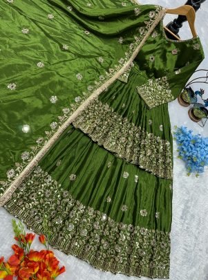 Chinon Silk  Green Colour  Lehenga  With Top