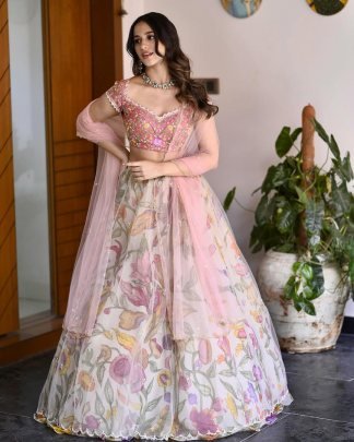 Chinon silk Printed Pink Colour Lehnga Choli With Dupatta