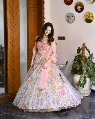 Chinon silk Printed Pink Colour Lehnga Choli With Dupatta