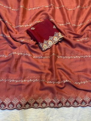 Chocolate Silk Fabric With Embroidery Work Rust Orange Colour Saree