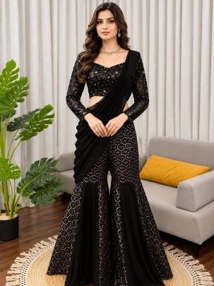 Cocktail Party Wear Black Colour Sequence Work Sharara Suit