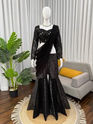Cocktail Party Wear Black Colour Sequence Work Sharara Suit