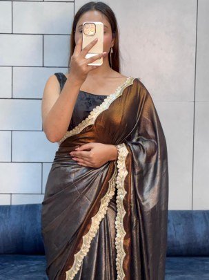 Coffee Brown Colour Lace Cut Work Double Shade Saree