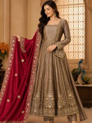 Copper Colour Embroidery Work Suit