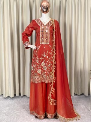 Coss Moss  Fabric Rust Orange Colour Palazzo Suit