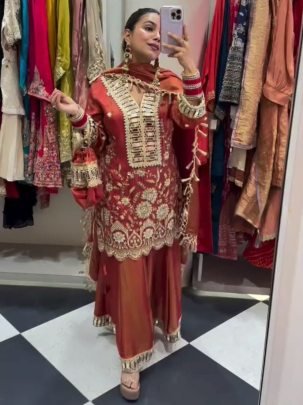 Coss Moss  Fabric Rust Orange Colour Palazzo Suit