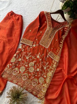 Coss Moss  Fabric Rust Orange Colour Palazzo Suit