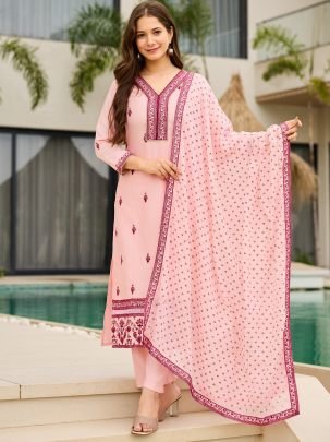 Cotton Blend Peach Colour Ready Made Suit