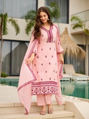Cotton Blend Peach Colour Ready Made Suit