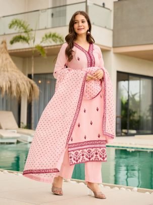 Cotton Blend Peach Colour Ready Made Suit