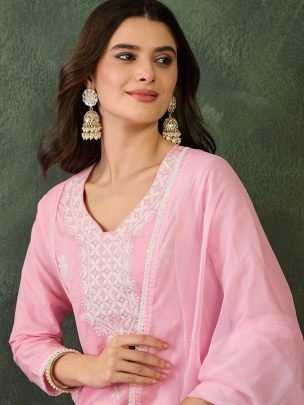 Cotton Blend Pink Colour Ready  Made Suit