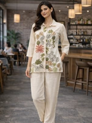 Cotton Fabric Cream Colour Co Ord Set