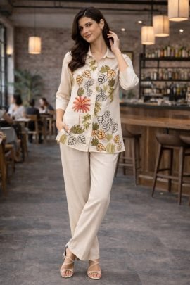 Cotton Fabric Cream Colour Co Ord Set