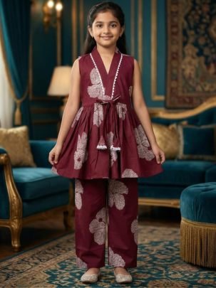Cotton Fabric  Maroon Colour  Kids Co Ord Set