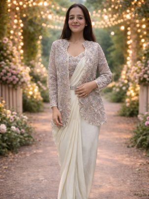 Cream Crepe Silk Ready To Wear Saree 