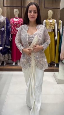 Cream Crepe Silk Ready To Wear Saree