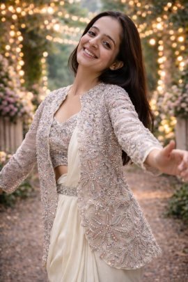 Cream Crepe Silk Ready To Wear Saree