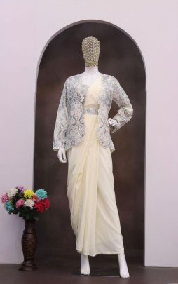 Cream Crepe Silk Ready To Wear Saree