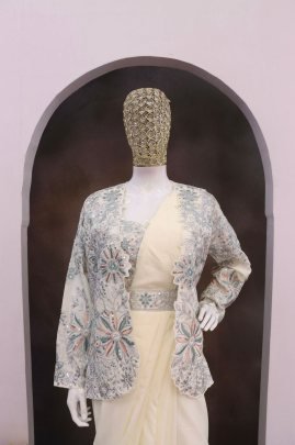 Cream Crepe Silk Ready To Wear Saree