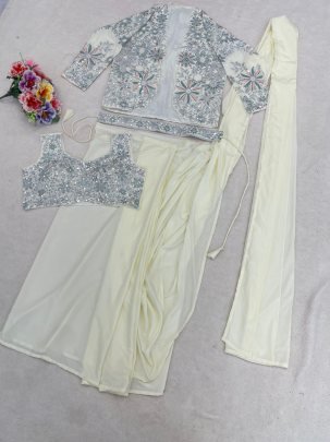 Cream Crepe Silk Ready To Wear Saree