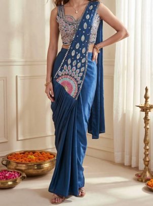 Crep Silk Blue Colour Ready To Wear Saree