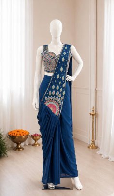 Crep Silk Blue Colour Ready To Wear Saree