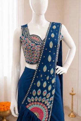 Crep Silk Blue Colour Ready To Wear Saree