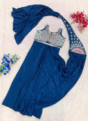 Crep Silk Blue Colour Ready To Wear Saree