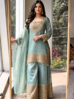 Crunchy Silk Fabric Sky Blue Colour Palazzo Suit