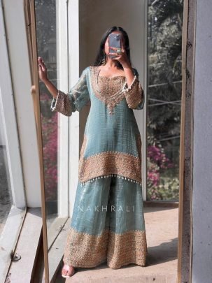 Crunchy Silk Fabric Sky Blue Colour Palazzo Suit