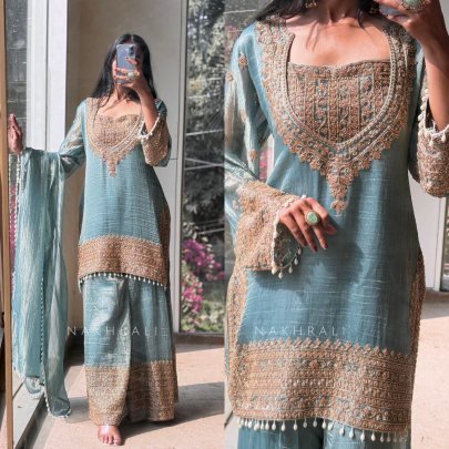 Crunchy Silk Fabric Sky Blue Colour Palazzo Suit