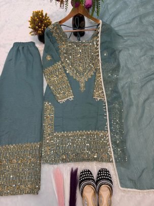 Crunchy Silk Fabric Sky Blue Colour Palazzo Suit