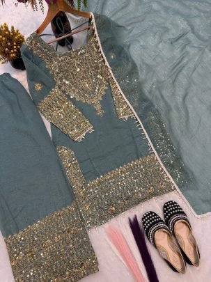 Crunchy Silk Fabric Sky Blue Colour Palazzo Suit