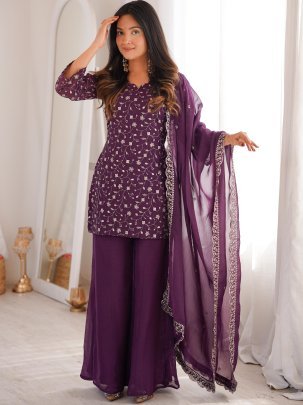 Crunchy Silk Fabric Wine Colour Palazzo Suit