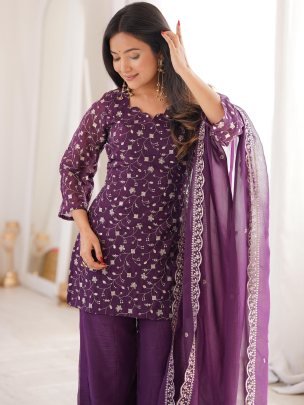 Crunchy Silk Fabric Wine Colour Palazzo Suit