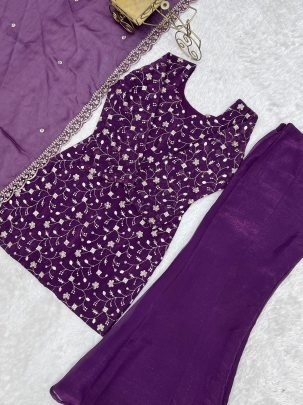 Crunchy Silk Fabric Wine Colour Palazzo Suit
